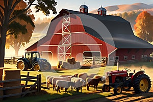 3D Render of a Bustling Farm Scene: Barn Centered in Mid-Ground, Livestock Grazing, Rustic Tractor Parked