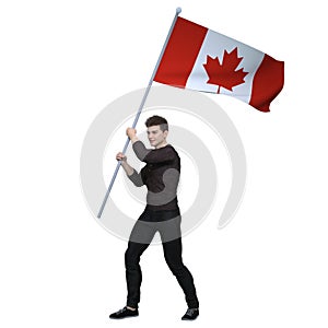 3D Render : a Canadian people is holding and waving the Canada Country flag to cerebrate an important event