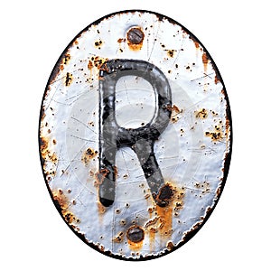 3D render capital letter R made of forged metal on the background fragment of a metal surface with cracked rust.