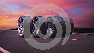 3d render car tires rolling on asphalt in the sunset