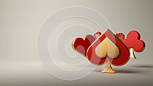 3D Render Card Suits With Dices Element In Red And Golden Color Against Gray