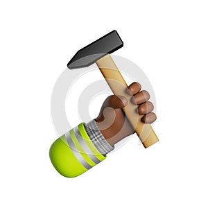 3d render, cartoon african dark skin human hand holds hammer. Professional carpenter or woodworker with building tool.