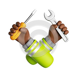 3d render, cartoon african human hands hold screwdriver and spanner wrench. Professional builder or constructor with building tool