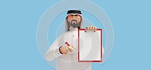 3d render, cartoon character arab man with beard wears traditional white clothes, holds pen and clipboard with blank paper.