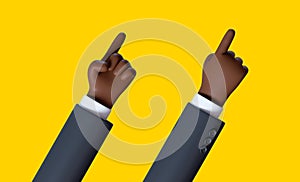 3d render, cartoon character businessman hand, african man finger points up direction, attention concept. Clip art isolated on.