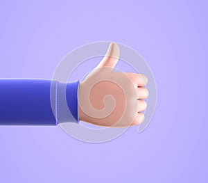 3d render, cartoon character customer hand thumb up, like gesture isolated on blue background