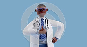 3d render, cartoon character doctor with dark skin, wears glasses, shows thumb up, like gesture. Medical health care clip art