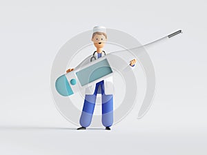 3d render, cartoon character doctor wearing uniform and stethoscope holding big thermometer, medical clip art