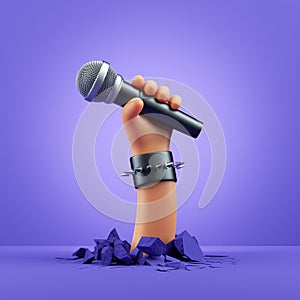 3d render, cartoon character hand holds microphone. Rock concert clip art isolated on violet background.