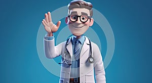 3d render, cartoon character smart trustworthy doctor wears glasses and shows inviting gesture.