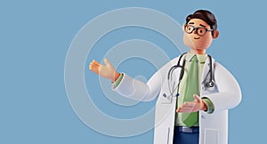 3d render, cartoon character smart trustworthy doctor wears glasses and shows inviting gesture. Happy professional caucasian male