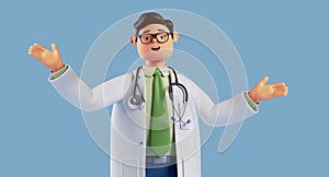 3d render, cartoon character smart trustworthy doctor wears glasses and shows inviting gesture. Happy professional caucasian male