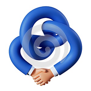 3d render, cartoon character tangled and knotted boneless flexible hands. Handshake icon. Partnership concept, business clip art