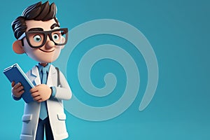 3d render. Cartoon doctor character holds clipboard. Clip art isolated on blue background. Professional consultation