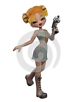 3D Render of Cartoon girl with silver gun