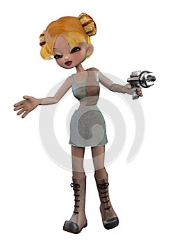 3D Render of Cartoon girl with silver gun