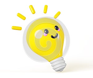 3d render cartoon glowing light bulb, kawaii character with smile. Creative idea, education. Cute yellow glass lamp