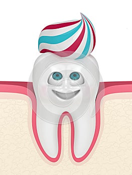 3D render of cartoon in gum Mr Tooth looking at toothpaste