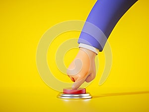 3d render, cartoon hand in blue sleeve pushes the red alert button isolated on yellow background. Launch metaphor, activation