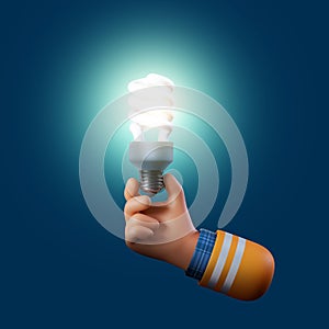 3d render, cartoon human hand holds energy saving lamp. Professional electrician with glowing bulb. Energy saving icon. Electric