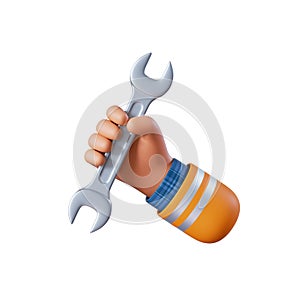 3d render, cartoon human hand holds spanner wrench. Professional plumber or constructor with building tool. Construction icon.