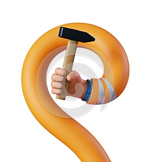 3d render, cartoon long flexible spiral human hand holds hammer. Professional carpenter or woodworker with building tool.