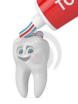 3D render of cartoon Mr Tooth with toothpaste isolated over white background