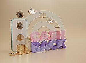 3D render cash back icon with gold coin and smart phone isolate on beige background. cashback or Refund money service design.