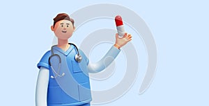 3d render, caucasian young man, nurse cartoon character wears blue shirt, talks and looks at camera, holds big pill.