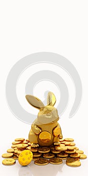 3D Render Of Cheerful Cute Golden Rabbit Character Sitting Gold Coins And Copy