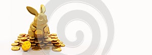 3D Render Of Cheerful Cute Golden Rabbit Character Sitting Gold Coins And Copy