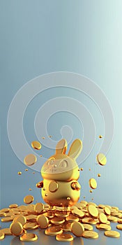 3D Render Of Cheerful Cute Golden Rabbit Character Standing On Gold Coins Against Pastel Blue Background And Copy