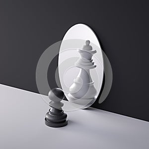 3d render, chess game black pawn piece stands in front of the oval mirror with reflection of white queen. Contradiction metaphor.