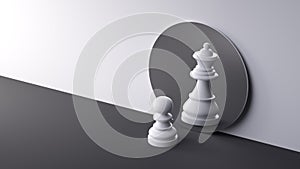 3d render, chess game white pawn piece stands in front of the round mirror with reflection of white queen. Contradiction metaphor