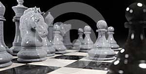 3d render of chess pieces on the board. Attack of the white horse. Business concept