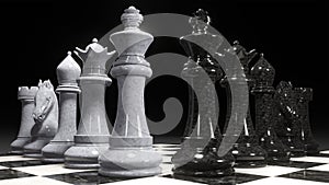 3d render of chess pieces on the board. A set of white and black pieces opposite each other. Business concept