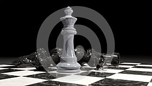 3d render of chess pieces on the board. The White King surrounded by defeated black pieces. Business concept