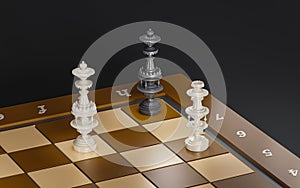 3d render chessboard with rook and king checkmate on black background