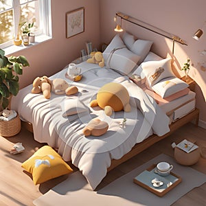 3d render of children\'s bedroom interior with a bed and toys