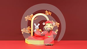 3D Render, Chinese God Of Wealth Caishen Holding Ingots With Bunny Character, Treasure Sack On Podium And Golden Clouds Against