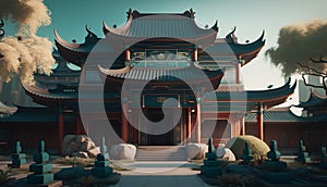 3d render of chinese temple with blue sky and cloud background