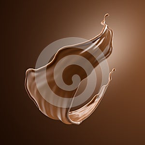 3d render, chocolate splash, cacao drink or coffee, splashing cooking ingredient. Abstract brown liquid wave clip art isolated on