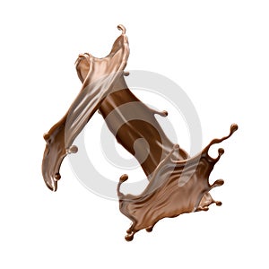 3d render, chocolate splash, cacao drink or coffee, splashing cooking ingredient. Abstract twisted liquid jet. Brown beverage clip