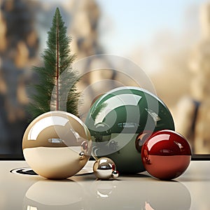 3D render of Christmas balls in window with pine trees in the back
