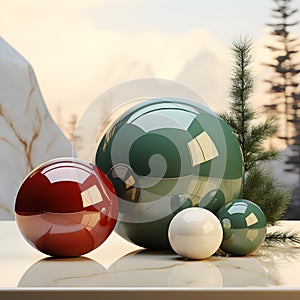 3D render of Christmas balls in window with snowcapped mountains in the back