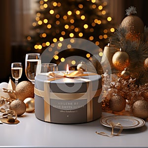 3d render of christmas gift box with candles and golden balls.