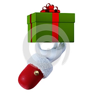 3d render, Christmas social icon. Santa Claus cartoon character hand holds big gift box. Festive clip art isolated on white