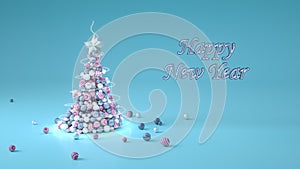 3D render of a Christmas tree made of balls of pink, grey and silver colors on blue background. Greeting card. Holiday background