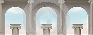 3D render Classic beige pillars pedestal with blue sky on doorways. classical interior marble architecture for showing product.