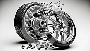 3D render of a classic wheel breaking apart with the pieces transforming into modern sleek wheel components visualizing the idea